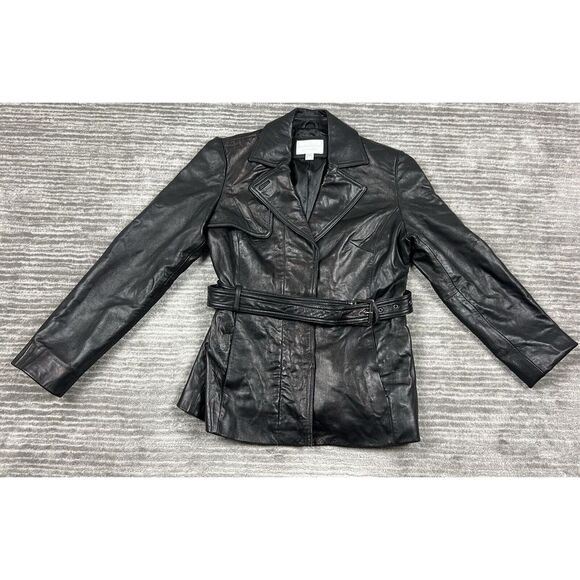 Worthington‎ Jacket Womens Small Black Genuine Leather Belted Snap - Picture 1 of 13